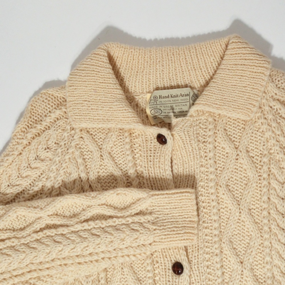 VTG Aran Cable Knit Cardigan Edinburgh Woollen Mill Hand Knit S 42 Ivory Grampa